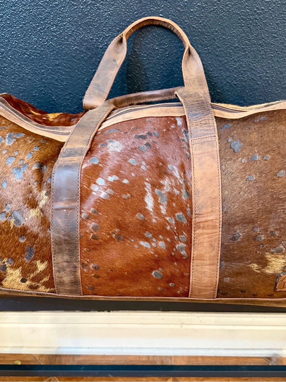American Darling Black/Brown Acid Wash Cowhide Large Duffel Bag